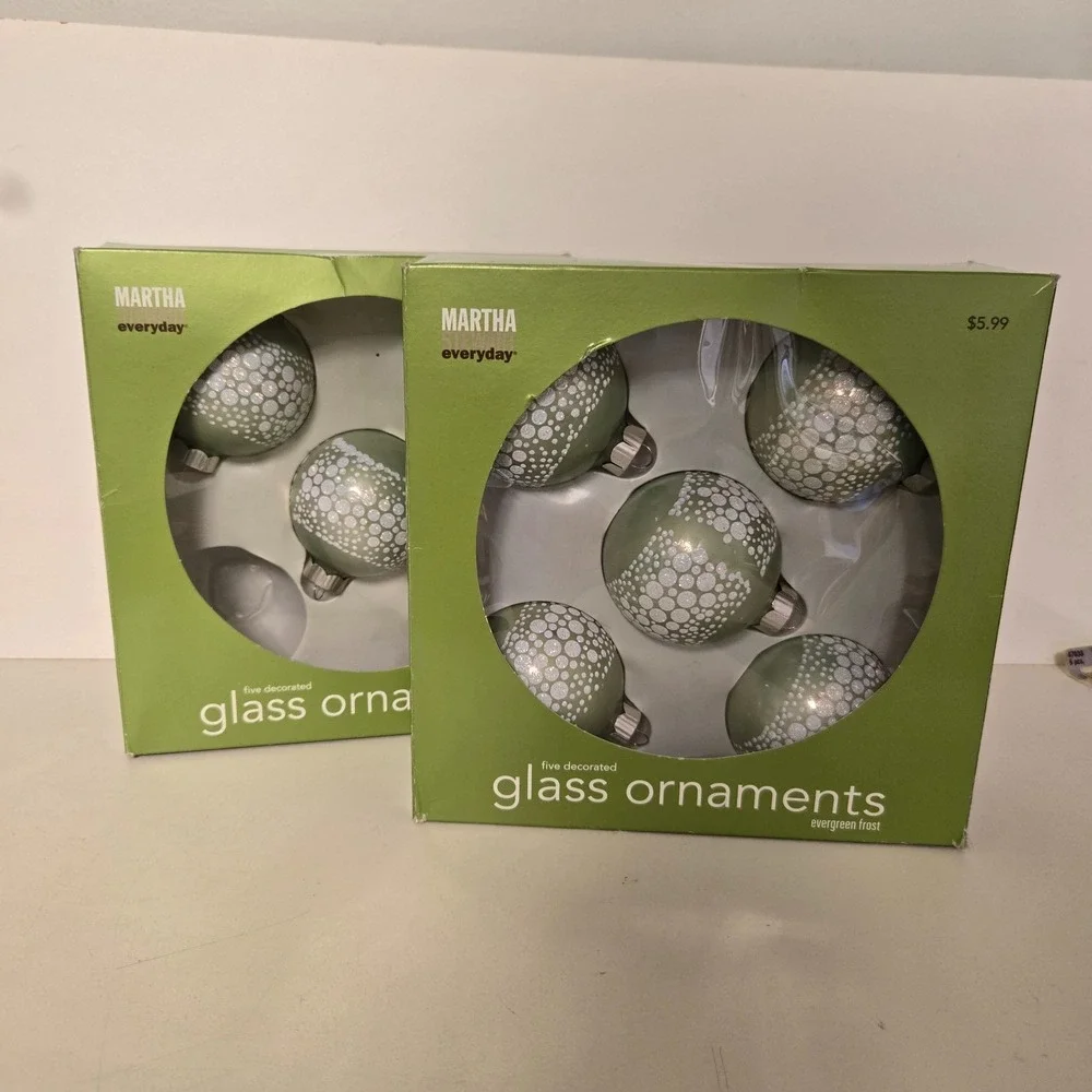 Martha Stewart 2 Boxes Glass Ornaments 10 Evergreen Frost Balls 2005 Everyday